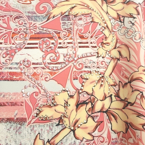 Pink Gold Orange  Bohemian Print Scarf Blouse Large with  Flared Slee - Picture 4 of 6